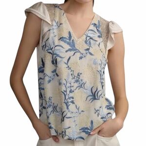 Anthropologie Tiny Floral Blue/Cream Embroidered Sleeveless V-neck Top XS